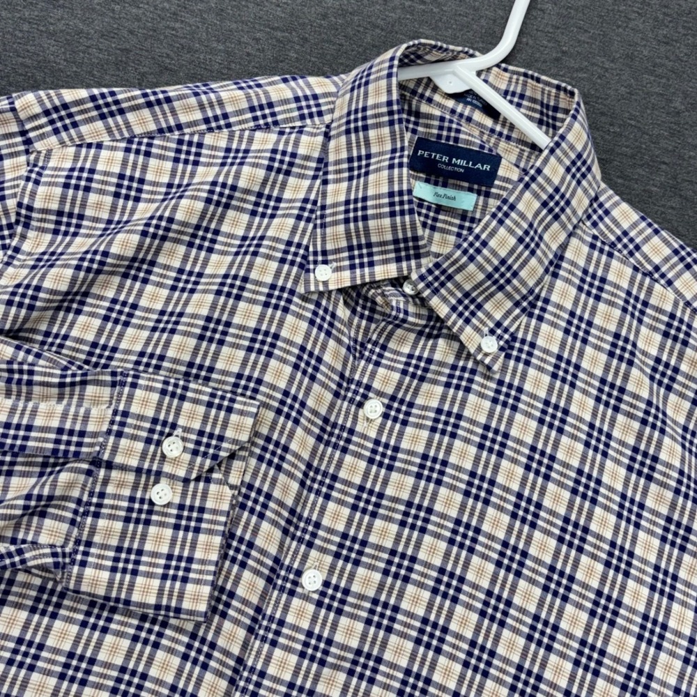 Peter Millar Flex Finish Shirt Mens L Plaid Button Down Long Sleeve Cotton